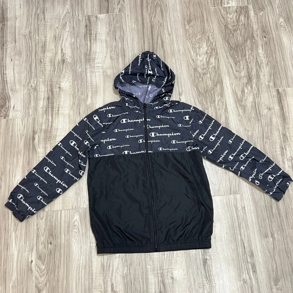 Champion Boys Windbreaker Jacket Medium M 8-10 Black White All Over Print Zip